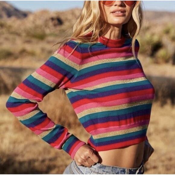 Spiritual Gangster Womens Nikki Stripe Crop Lightweight Crewneck Sweater, Small - Picture 2 of 7